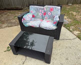 Plastic Wicker Patio Set: 2 Chairs, Loveseat, coffee table $350 set Chr: 30”w 24”d 31”t LS: 51” L 24”d 31”t CT: 35”L 19”d 13.5” t
