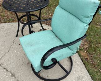 (3) Black Metal chairs w teal cushions $75 each 24”w 22”d 36”t (3) Black Round Metal tables $60 each 28” diameter 27”t