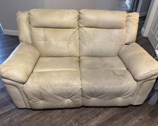 Crème pleather sofa and loveseat $450.00 set. Sofa 88”L 32”d 38”t LS: 64”L 32”d 38”t
