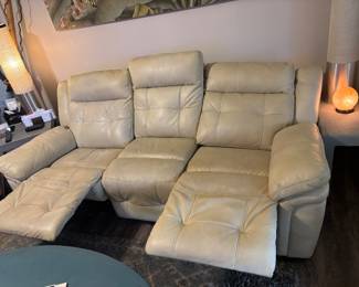 Crème pleather sofa and loveseat $450.00 set. Sofa 88”L 32”d 38”t LS: 64”L 32”d 38”t