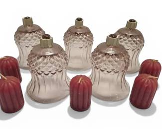 Five Pink Pressed Glass Peg Votive Candle Holders w Candles
