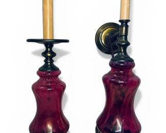 Matching Vintage Cranberry Glass Lamps with Brass Accents