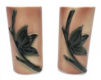 Pair of 1950s Royal Copley Pink Black Ceramic Lotus Vases