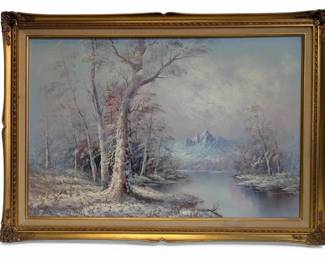 Winter Landscape Signed Painting, Framed 29 x 41