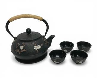 Japanese Style Cast Iron Teapot, Trivet, And Four Cups