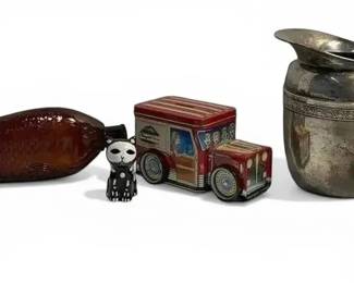 Amber FishShaped Glass Bottle, KS Nickel Silver Pitcher, More