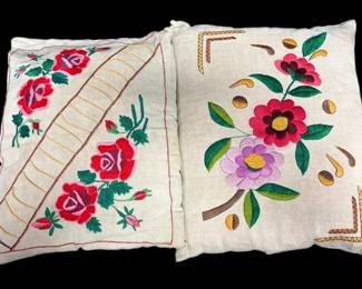 Two Embroidered Floral Pillow Covers W Pillows
