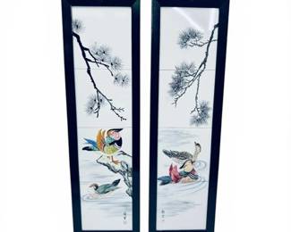 Two Framed Japanese Hand Painted Tile Scenes