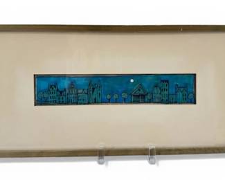 Blue Cityscape Mixed Media Artwork, Signed