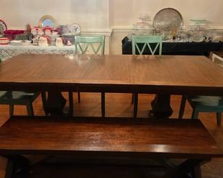 Solid Wood Dining Table with 1 leaf, 4 Dining Chairs, and 1 bench