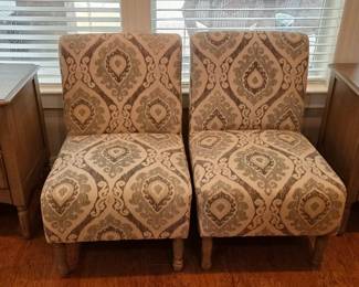 Set of Gray tone nightstands, set of printed fabric chairs