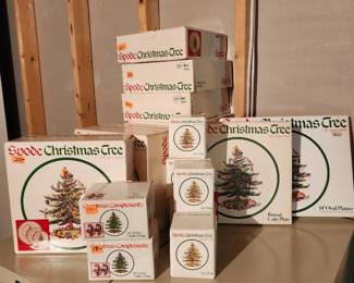 Spode Christmas plates, mugs, napkin holders, cake plate, platter and a tablecloth