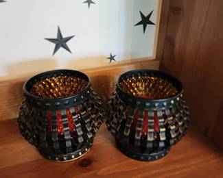 Vintage pair diamond glass candle holders