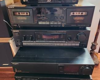 LG Blue Ray player,  Sony stereo cassette deck TC-WR590,  Sony FM Stereo fm/am reciever SLV-575UC,  Sony compact disk player CDP-C326