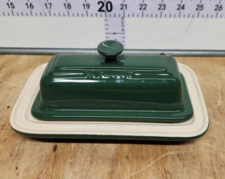 Lot 25: Le Creuset Dark Green & Cream Colored Butter Dish