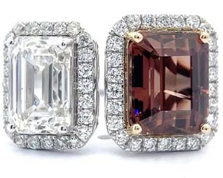 Aaron Barsha Designer 6.28 Carat Diamond & Natural Zircon Halo Toi et Moi Ring in 14k Two-Tone Gold