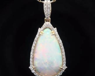 15.50 Carat Natural Opal & Natural Diamond Pendant Necklace in 14K Two-Tone Gold
