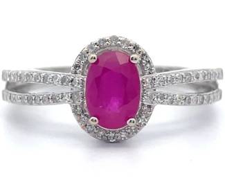 Natural Ruby & Pavé Natural Diamond Split Shank Ring in 14k White Gold