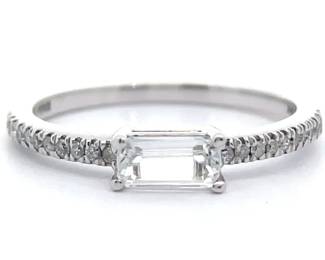 Natural White Topaz Baguette East-West Pavé Natural Diamond Ring in 14k White Gold