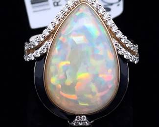 8.41 Carat Natural Opal & Natural Diamond Ring in 14K Yellow Gold
