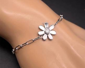 Diamond Daisy Flower Charm Paperclip Chain Bracelet