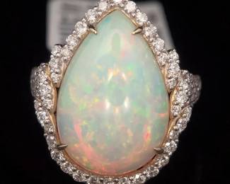 7.73 Carat Natural Opal & Natural Diamond Ring in 14K Yellow Gold