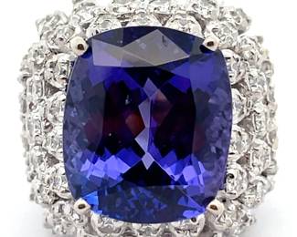 17.51 Carat Natural Tanzanite & Natural Diamond Ring in 18K White Gold