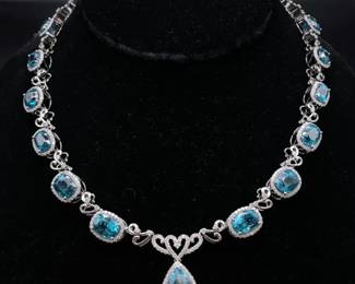 76.27 Carat Oscar Friedman Natural Blue Zircon & Natural Diamond Necklace in 14K White Gold