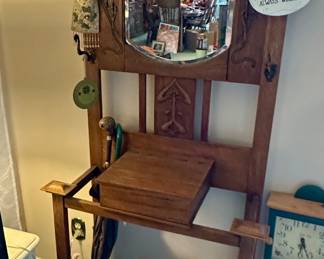 Antique Arts and Crafts Oak Hall Tree with Mirror and Carvings