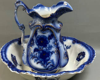 Lot 11: Large Flow Blue Pitcher and Basin Poppy Pattern