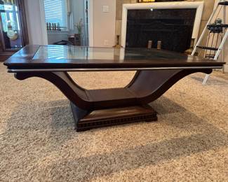 #14 - $150 -Art Deco style coffee table glass top burl veneer 48x34x20
