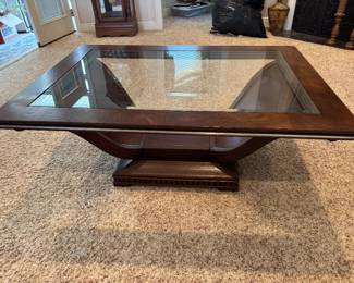 #14 - $150 -Art Deco style coffee table glass top burl veneer 48x34x20