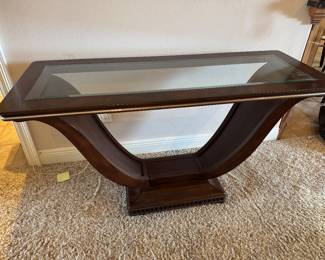 #16 - $200 - Matching Art Deco style console/sofa table burl veneer glass top 56x22x30