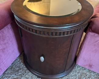 #15 - $90 - Art Deco style round side tambour table burl veneer 24x24x25