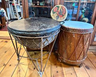 African Veda Temple Nagada hide community kettle drum, etched wood ceremonial African drum, early 1900's Tibetan 'Dragon & Phoenix' double-sided tack drum,