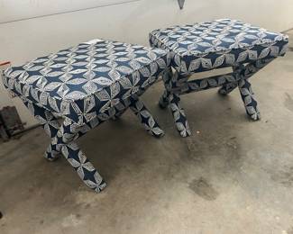 X-Bench white on blue upholstered ottomans