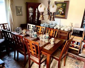4 Tuck-In-Corner Curio, Mission Style Extended Table Set, Buffet, Extra Seating Chairs, And Dinner Ware Sets, 