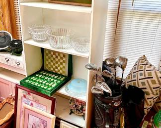 Shelfing Unit, Overhead Cabinet, Crystal Wares, New Gulf Club Set, And Home Goods