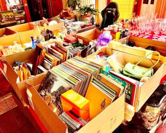 Household Items, Records, Office Supplies, Glasswares & Stemware,  And Gaming Chair