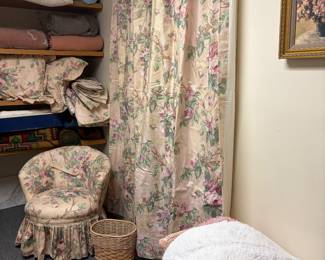 Upholstered chair with skirt and matching curtain curtains panels