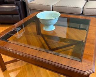 Drexel Heritage beveled glass and wood coffee table