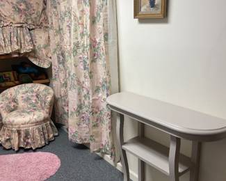 Vintage Cyrus Clark Boudoir Chair , 4 drapery panels, 2 Queen shams, Queen dust ruffle, 4 drapery panels and extra fabric