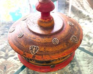 Antique Afghan wooden spice box/lacquered with applied brass decor