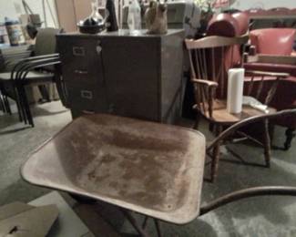 Old wheelbarrow and paper towels