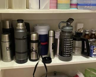 Misc travel mugs, storage containers, cookware