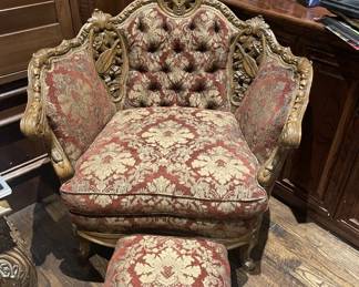 Ornate matching chair and foot stool