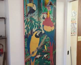 vintage 1980s door panel poster featuring a rainforest scene with tropical birds, commonly titled "Tropical Birds / Parrots / Rainforest Scene" by artist Raul Del RiO