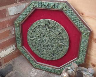 vintage Mexican wall hanging art piece featuring a reproduction of the Aztec Calendar Stone (Piedra del Sol)