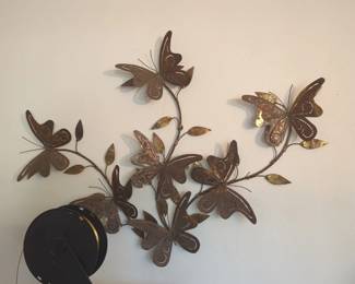 vintage mid-century brutalist wall sculpture featuring metallic butterflies on a branch