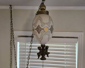 Vintage Satin Glass and Gold Reverse Teardrop Swag Lamp